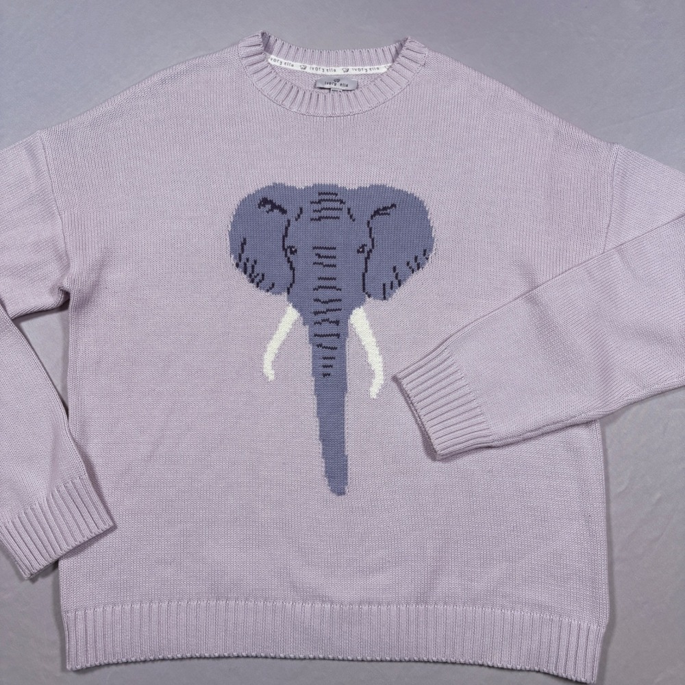 Ivory Ella Sweater Womens L Lilac Purple Elephant Graphic Pullover EUC